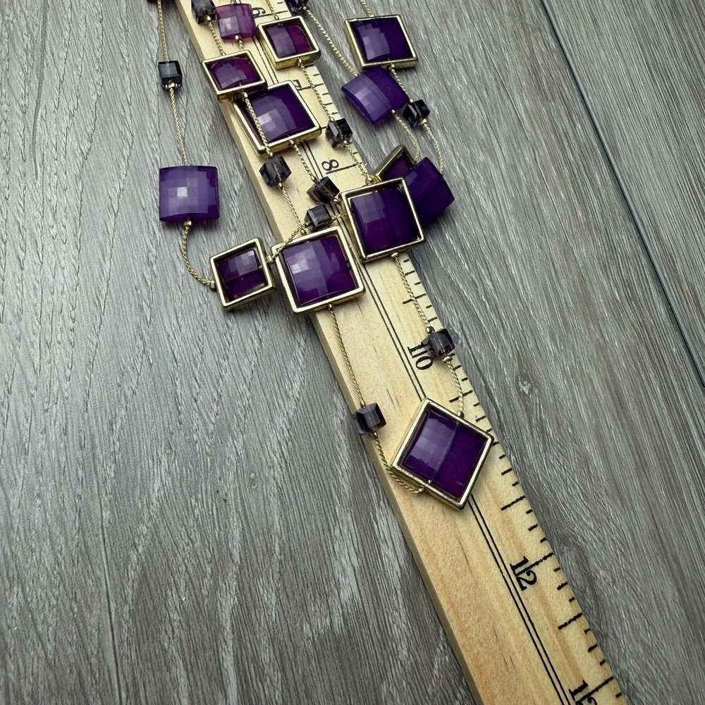 Macy's Purple Geometric Statement Necklace Gold Tone Multi Strand Square New